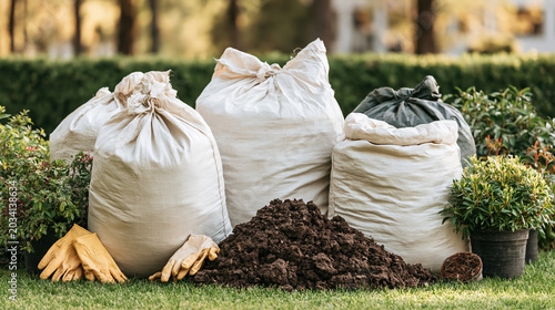 Garden soil sacks and shovel gloves with compost pile in outdoor yard