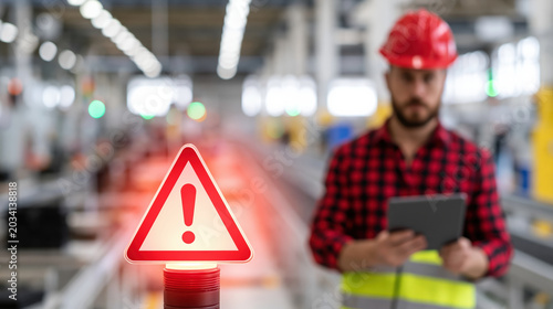 Industrial safety warning, factory cyber incident concept, electronics assembly line, engineer with tablet, red alert sign, blurred factory