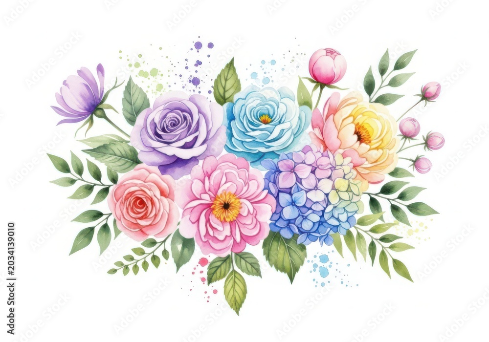 Fototapeta premium Watercolor floral bouquet with roses and hydrangeas