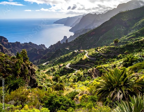 Tropical mountain landscape with ocean view.