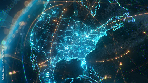 Картината върху платно Futuristic digital globe of Earth with glowing data points network connections on a dark background