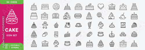 Cake and dessert line icon set, birthday celebration sweet food symbol, cupcake and pastry bakery item, wedding cake and macaron, delicious treat vector illustration with editable stroke.