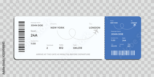 Realistic airline ticket design. Airline flight pass concept. Air travel by airplane blue color document. Airline boarding pass template. Blue departure document 
