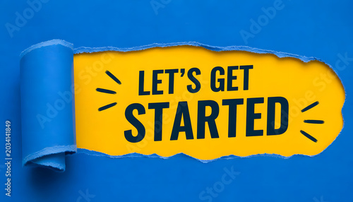 Yellow motivational banner with let's get started text on blue