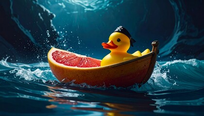 A cheerful yellow pirate rubber duck sailing in a grapefruit boat on the water