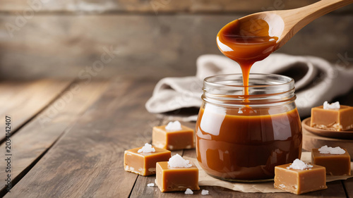 Caramel sauce in a glass jar with a dripping spoon beside sea salt fudge on a rustic wooden table