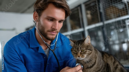 Veterinarian examines cat veterinary clinic photography indoor close-up animal care
