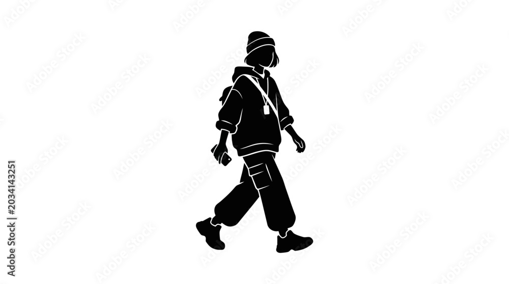 Fototapeta premium Pedestrian silhouette walks forward while wearing a beanie and cargo pants in a casual urban style.