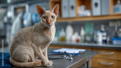 Vet clinic cat exam veterinary office animal health clean environment close-up feline care