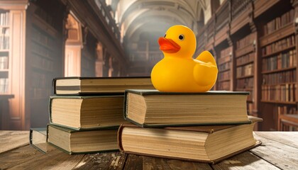 A Cheerful Yellow Rubber Duck Toy Balancing Atop a Stack of Old Books in a Grand Library Setting