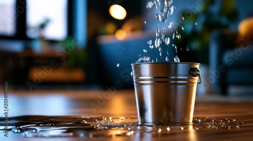 Surreal Moody Scene of Water Leaking from Ceiling Inside an Apartment with a Bucket Capturing the Overflow