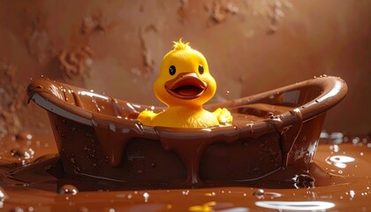 A cheerful yellow rubber duck toy navigates a luxurious river of melted chocolate, creating a whimsical and delightful visual.