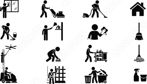 Quadro su tela Set of professional cleaning service and janitorial icons depicting various hous
