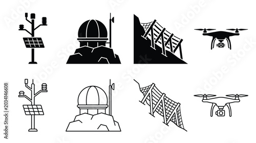 Fotografie Set of icons related to environmental monitoring, geological research, and surve