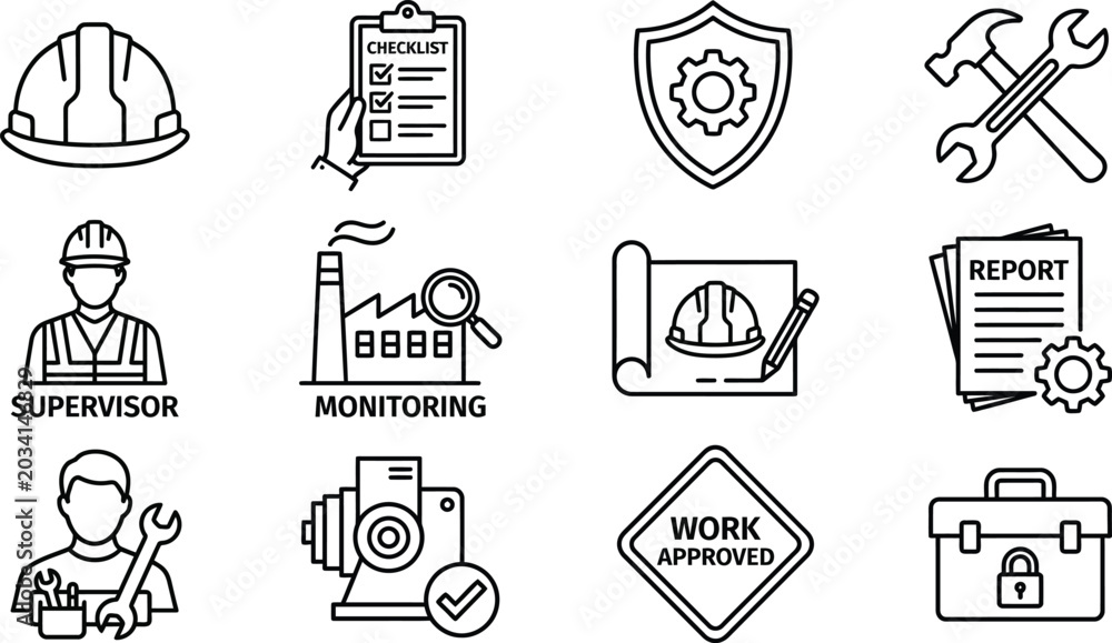 Fototapeta premium Construction worker safety inspection and industrial management vector pack