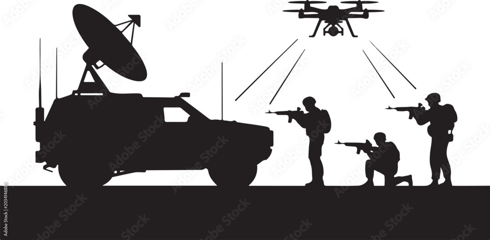 Obraz premium Military team with armored vehicle and drone surveillance