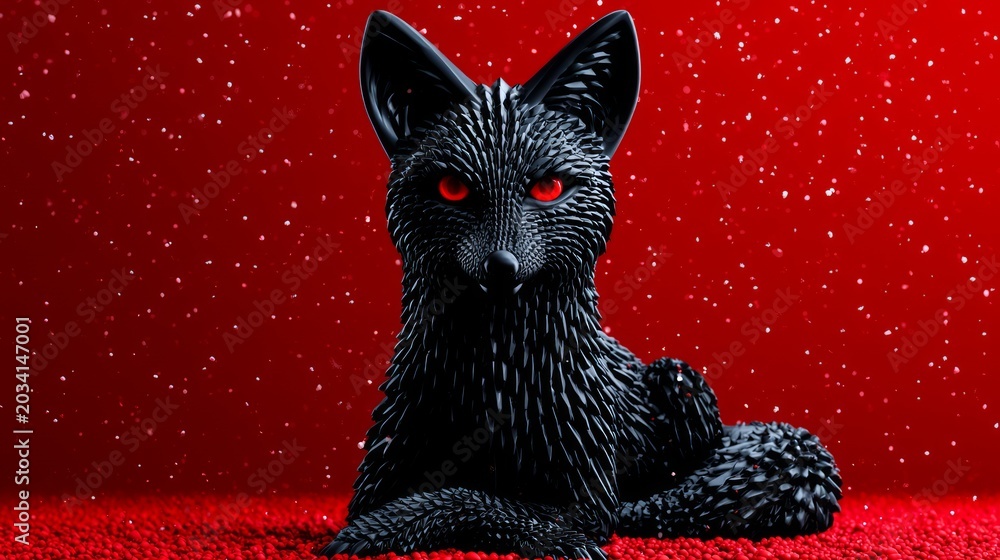 Naklejka premium Elegant Black Crystal Fox Sculpture Surrounded by Floating Snowflakes Against a Vibrant Red Background