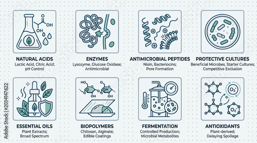 Food preservation and bio-preservative technology icon collection.