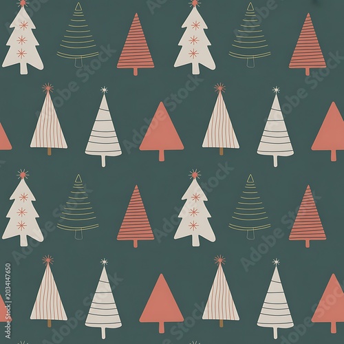 Hand drawn christmas tree pattern with muted green background and simple line pine trees in beige and terracotta colors