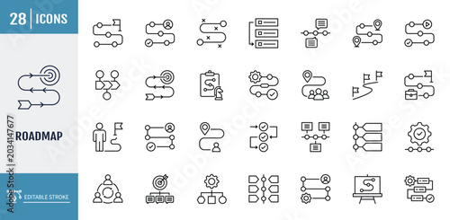 Roadmap icon set, business strategy and path planning vector icons. outline icon set. vector illustration with editable stroke