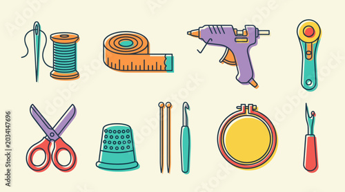 Tableau sur toile Handcrafted sewing and tailoring tools set in outline style.
