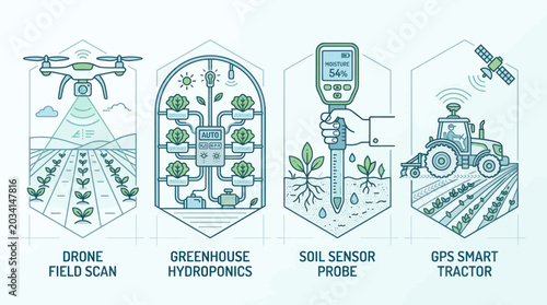 Innovative smart farming and agriculture technology line icons.