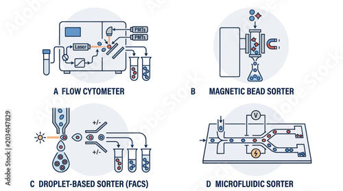 Laboratory cell sorting technical flow diagram set.