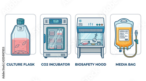 Laboratory equipment for animal cell culture research and biotechnology.