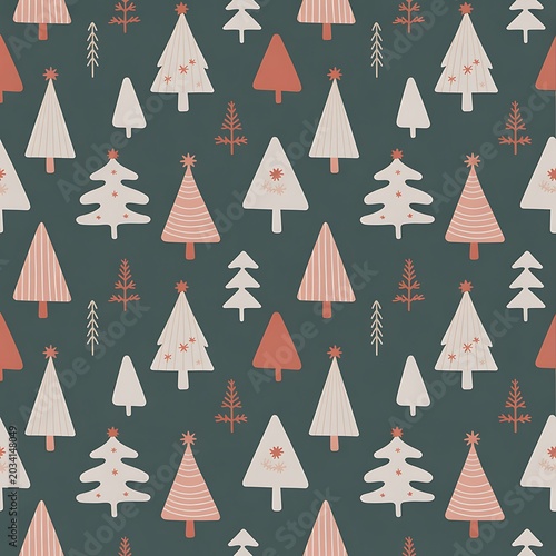 Seamless pattern with stylized christmas trees in muted earth tones featuring line and solid shapes on a dark forest green background