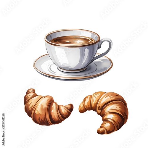 White porcelain coffee cup on a saucer with two golden brown croissants on a white background