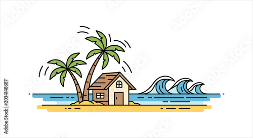 Tableau sur toile Tropical storm approaching a small beach house with palm trees.