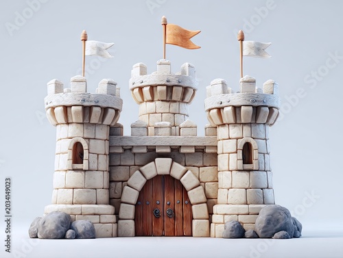 Cartoon castle with flags and stone structure