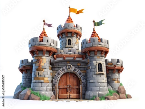 Cartoon castle with towers, flags, and wooden door (1)