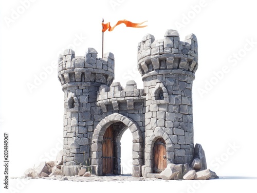 Cartoon stone castle gate, towers, with flag on white