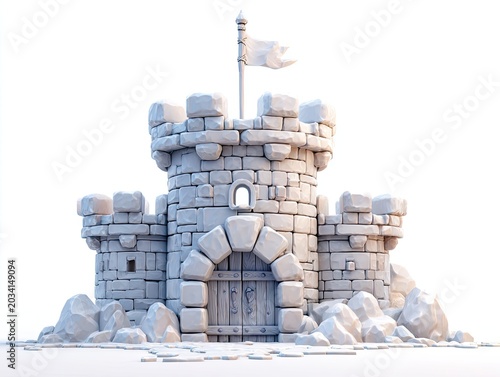 Cartoon castle with flag and stone facade