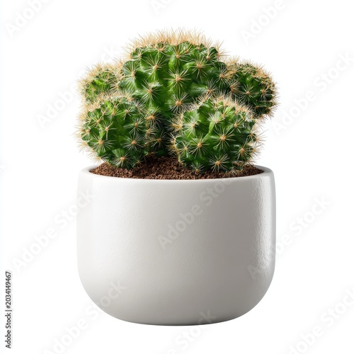 A small cactus plant in a white ceramic pot