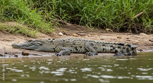 Large crocodile rests on riverbank near water with natural surroundings