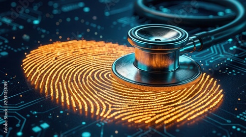 Stethoscope on an illuminated fingerprint symbolizing digital health and biometric identity.