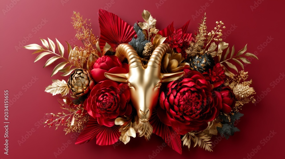Obraz premium Festive Zodiac Goat Artwork in Warm Ruby Tones with Floral Elements and Gold Accents for Celebratory Themes