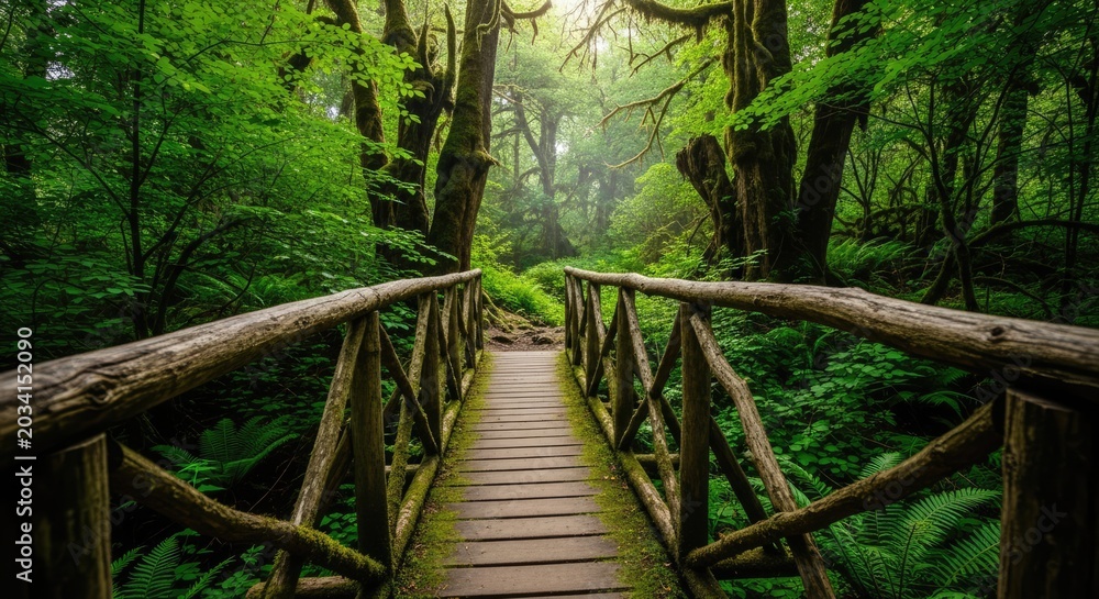 Fototapeta premium Wooden footbridge leading into lush green misty forest