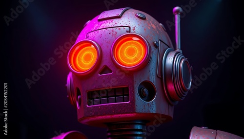 Vintage Robot Head with Glowing Orange Eyes and Neon Lights
