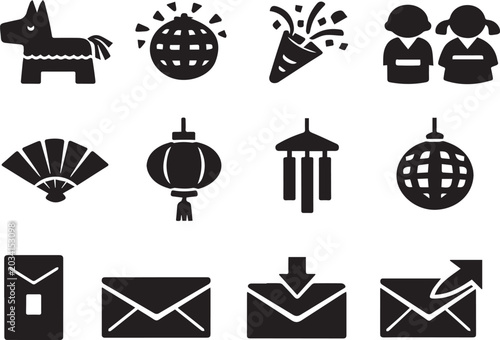 Canvastavla Party and Celebration Vector Icon Set Featuring Piñata, Disco Ball, Confetti, Ja