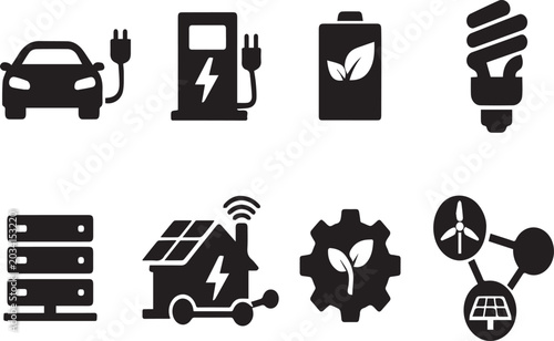 Set of Renewable Green Energy and Sustainable Technology Icons Featuring Electric Car Charging Station Solar Panels Eco Battery Smart Home and Green Industry Vector Illustrations