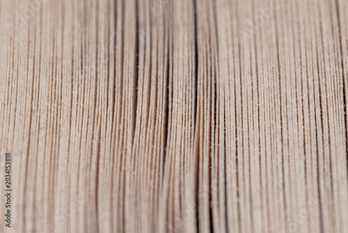Macro shot of the edges of old book pages. Close up abstract background of vintage paper sheets, stacked cardboard, or library archive document files with selective focus.