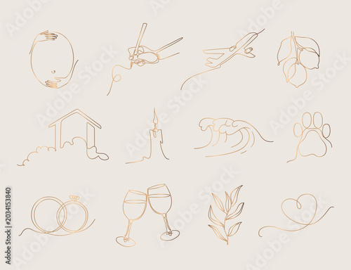 Set of gold icons drawn in line art style