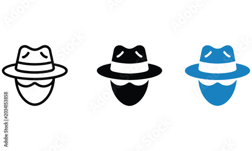 Photos Three variations of an incognito user avatar icon featuring a fedora hat and sun