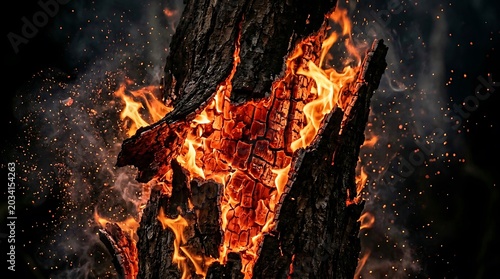 Vibrant flames engulfing a burning log