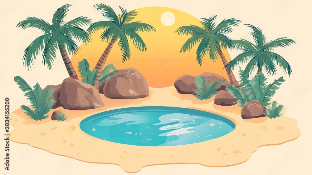 Fototapeta premium A serene beach scene with palm trees and a tranquil pool at sunset.