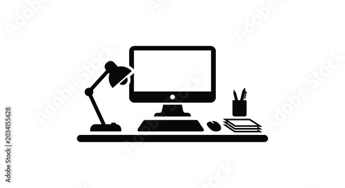 фотографія Desk setup with computer lamp and stationery silhouette