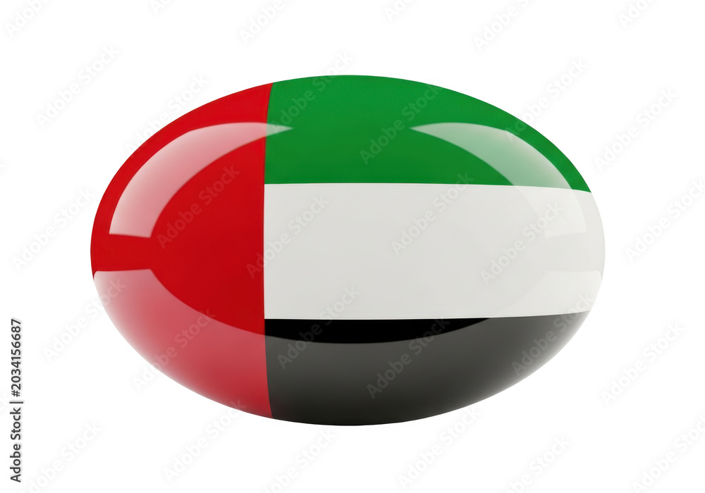 Naklejka premium 3d render of the flag of united arab emirates as a glossy oval button isolated on transparent background